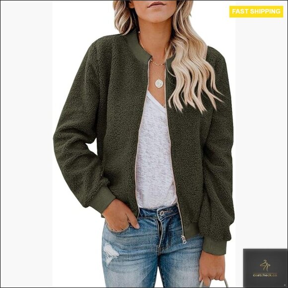 Jackets & Blazers - Faux Sherpa Bomber Jacket Winter Fleece Oversized Fuzzy Casual Zip Up Coat